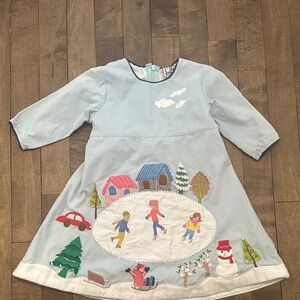 Vintage Toddler Girl Blue Dress with Winter Scene Embroidery. Size 2T